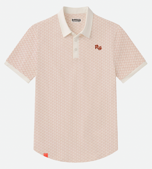 A short-sleeve polo shirt with a red-orange and white geometric RH pattern, featuring a white collar, a white button placket, and a small red embroidered logo on the left chest.