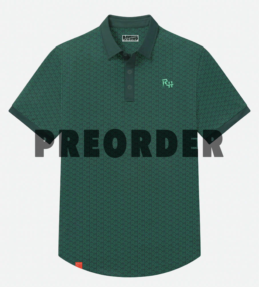 A dark green short-sleeve polo shirt with a subtle geometric pattern, featuring a small light green 'RH' logo on the left chest and a 'RAYHUB' brand label inside the collar. A large semi-transparent 'PREORDER' watermark is overlaid across the center.