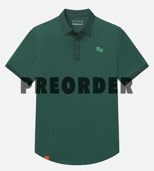 A dark green short-sleeve polo shirt with a subtle geometric pattern, featuring a small light green 'RH' logo on the left chest and a 'RAYHUB' brand label inside the collar. A large semi-transparent 'PREORDER' watermark is overlaid across the center.
