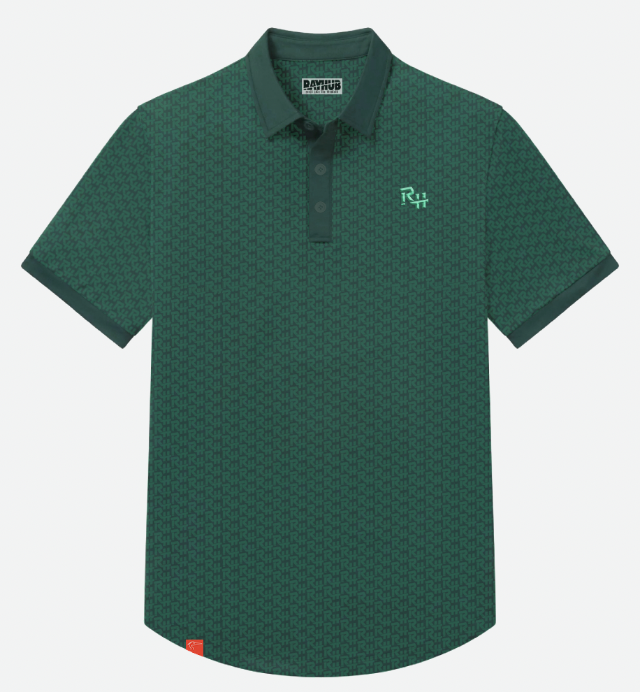A dark green short-sleeve polo shirt with a subtle geometric pattern, featuring a small light green 'RH' logo on the left chest and a 'RAYHUB' brand label inside the collar.