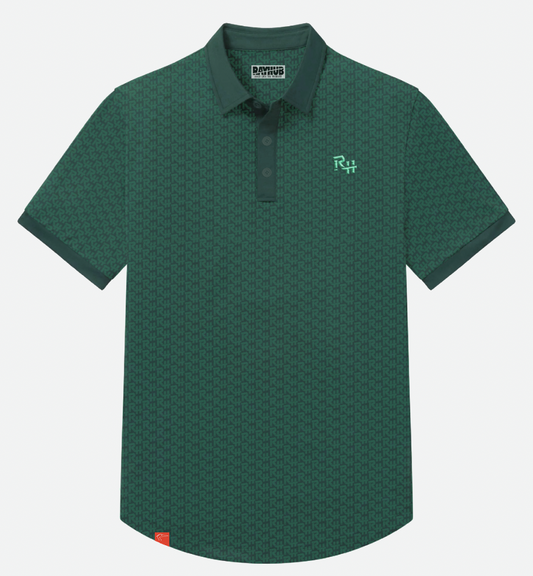A dark green short-sleeve polo shirt with a subtle geometric pattern, featuring a small light green 'RH' logo on the left chest and a 'RAYHUB' brand label inside the collar.