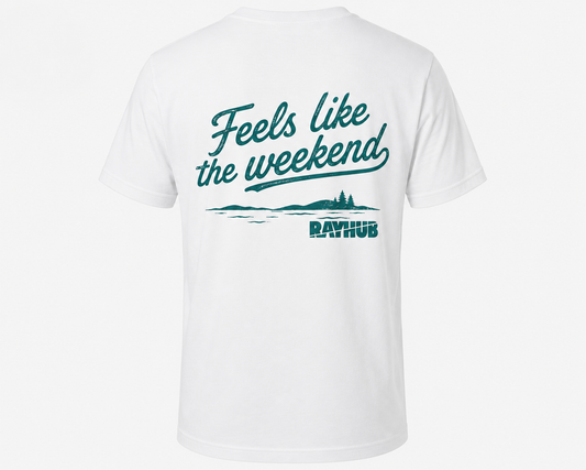 White short-sleeve t-shirt shown from the back, featuring a teal graphic print that reads 'Feels like the weekend' above a simple landscape illustration and the word 'RAYHUB'.