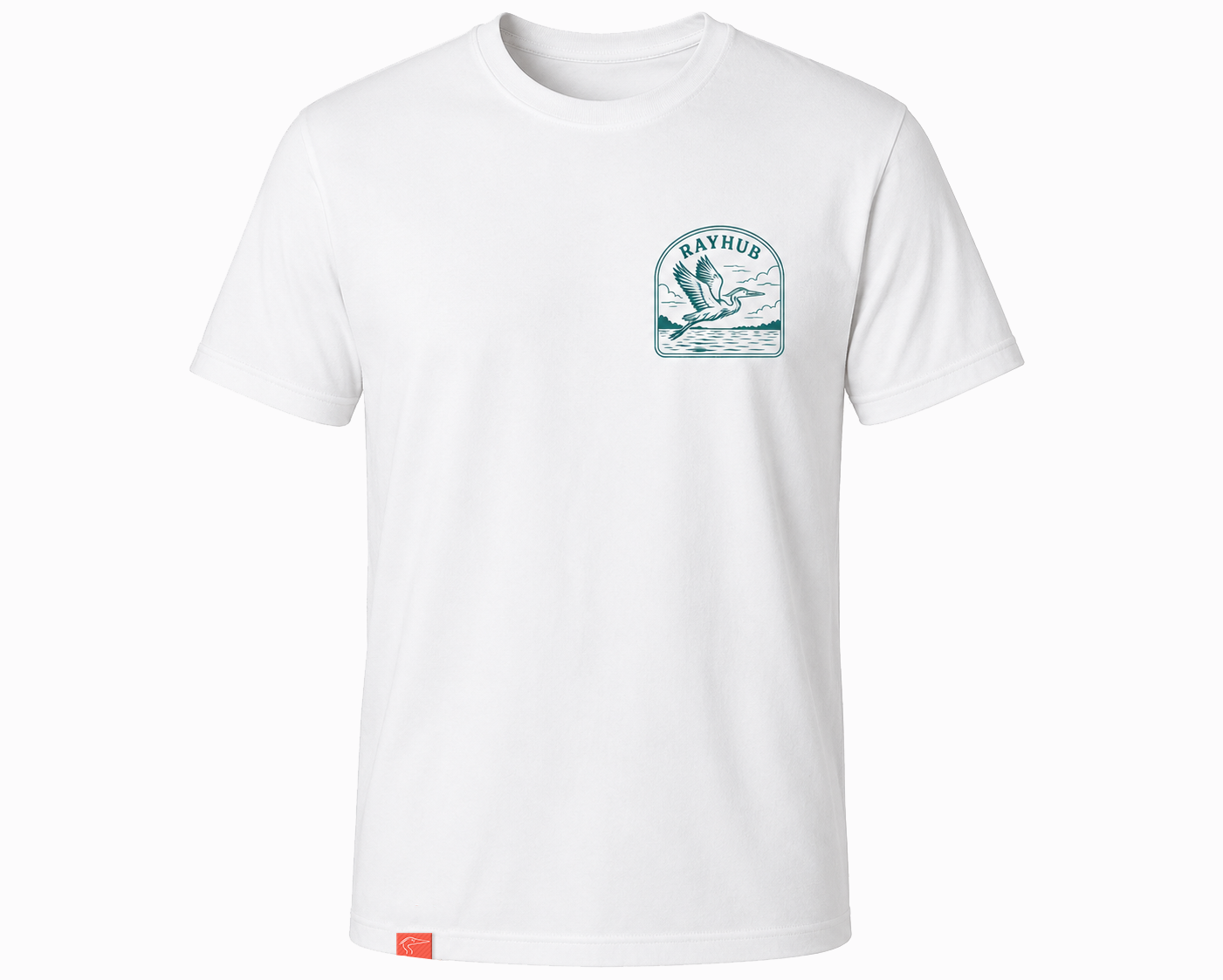 A white short-sleeve crewneck t-shirt with a small teal graphic on the left chest depicting a heron bird inside an arch with the text 'RAYHUB'. A small orange tag is visible at the bottom hem.