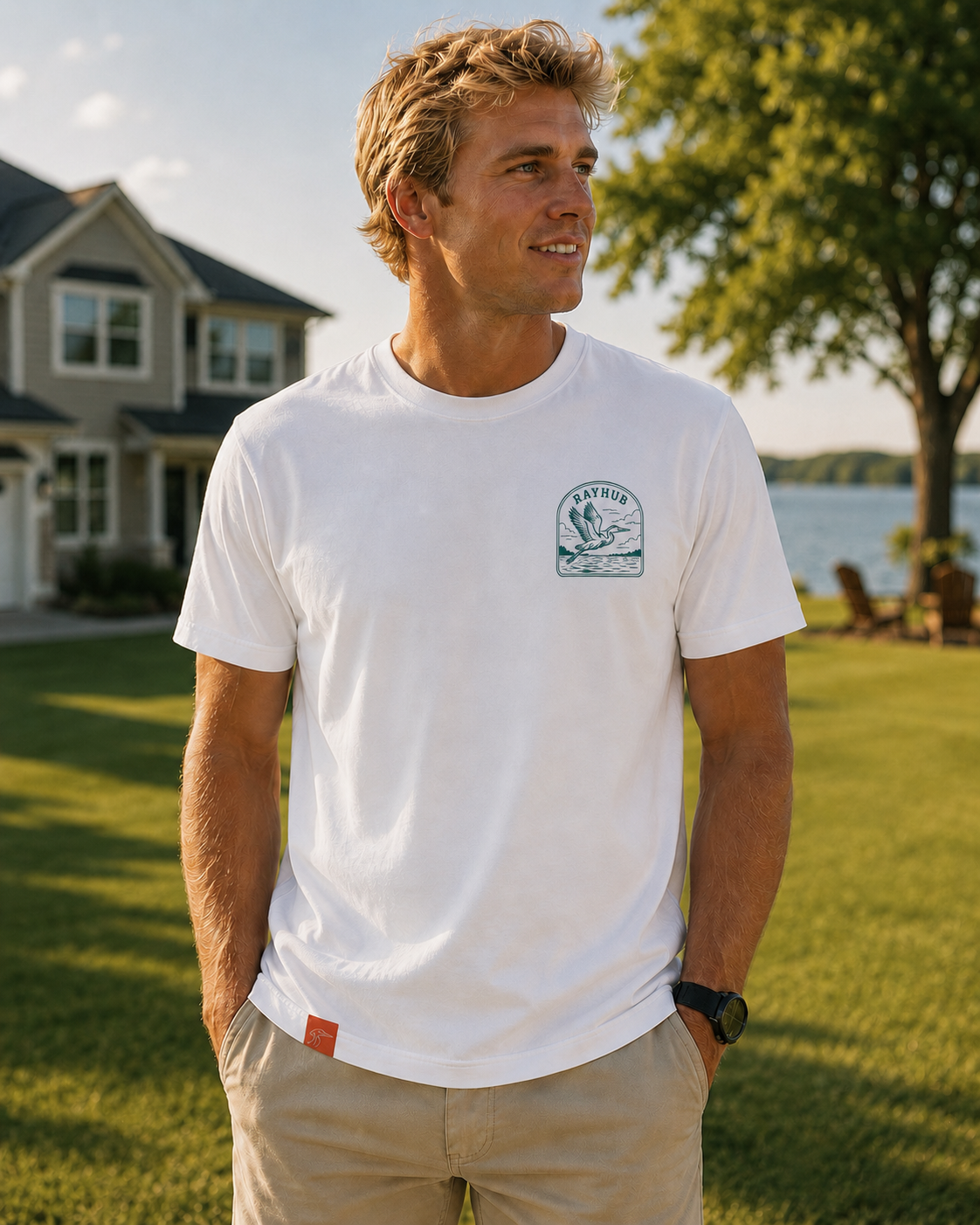 A man wearing a white crewneck t-shirt with a green circular 'RAYHUB' lake and bird logo on the left chest, standing outdoors on a green lawn with a house and lake in the background.