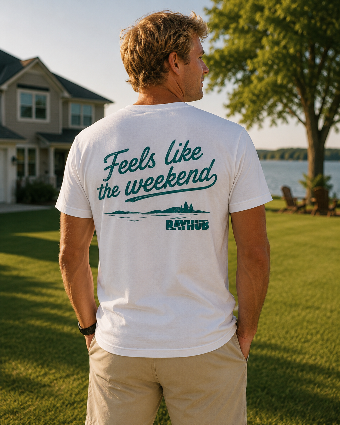 A man standing outdoors on a lawn in front of a house and lake, wearing a white t-shirt with a teal graphic on the back that reads 'Feels like the weekend' and 'RAYHUB'.