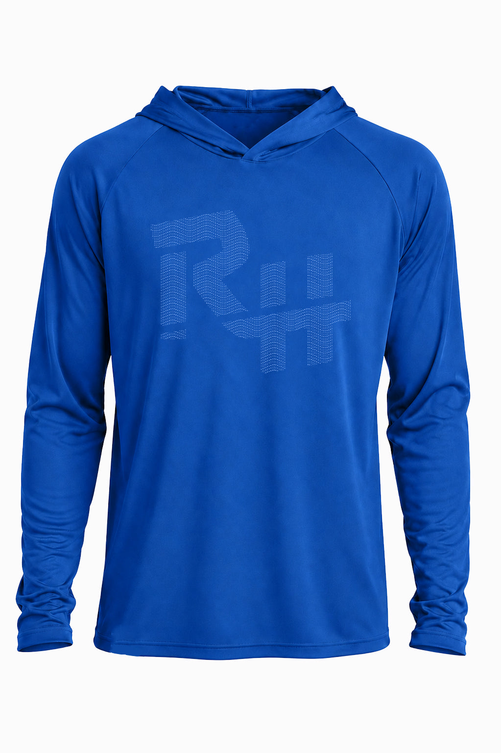 RayHub royal blue sun hoodie with half tone RH monogram logo