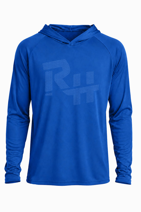 RayHub royal blue sun hoodie with half tone RH monogram logo