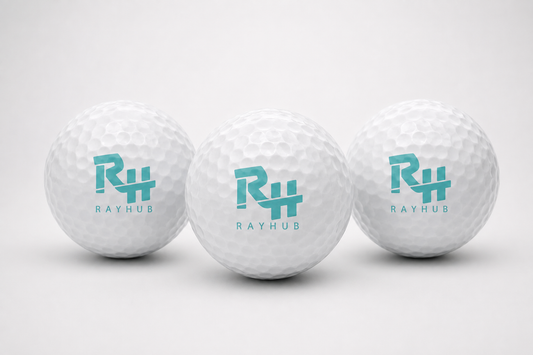 Three white golf balls arranged in a row on a light gray background, each printed with a teal 'RH RAYHUB' logo.