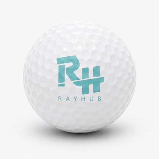 A white dimpled golf ball with a teal 'RH' logo and the word 'RAYHUB' printed on the front, centered on a light gray background.