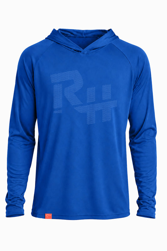 blue water sun hoodie with RH logo on front and orange red tag with heron bird