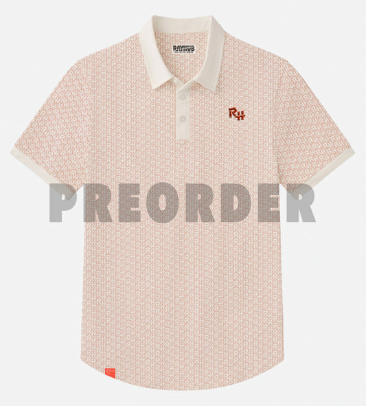 A short-sleeve polo shirt with a red-orange and white geometric RH pattern, featuring a white collar, a white button placket, and a small red embroidered logo on the left chest. A large translucent 'PREORDER' watermark is overlaid across the center.